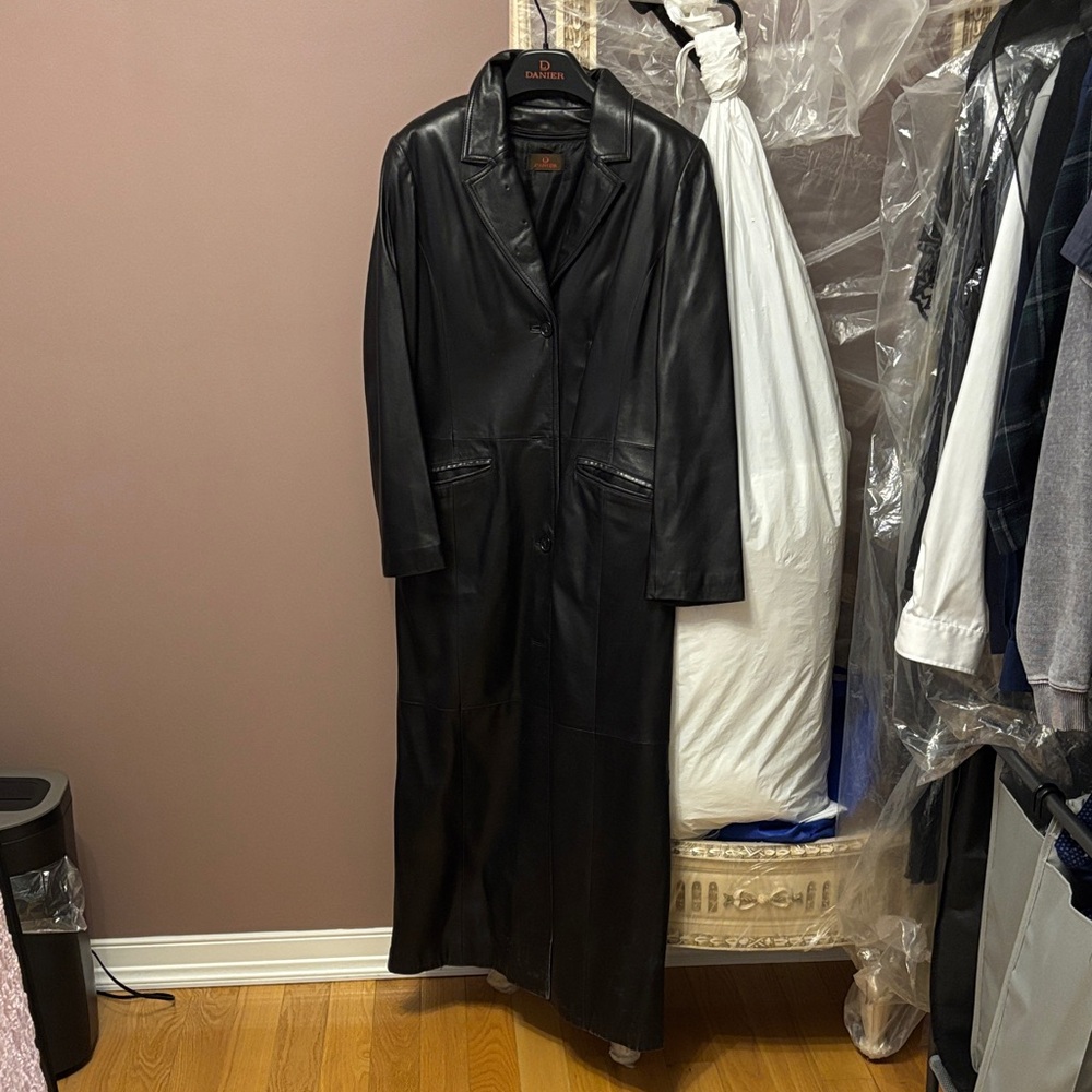Danier Black Leather Trench Coat Full Length